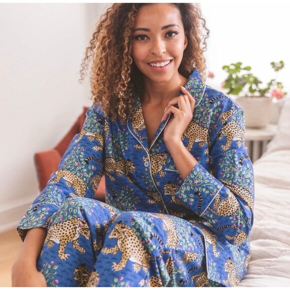Printfresh Bagheera Leopard Print Indigo 100% Cotton LS Pajama Set Size L NWT - Picture 1 of 7